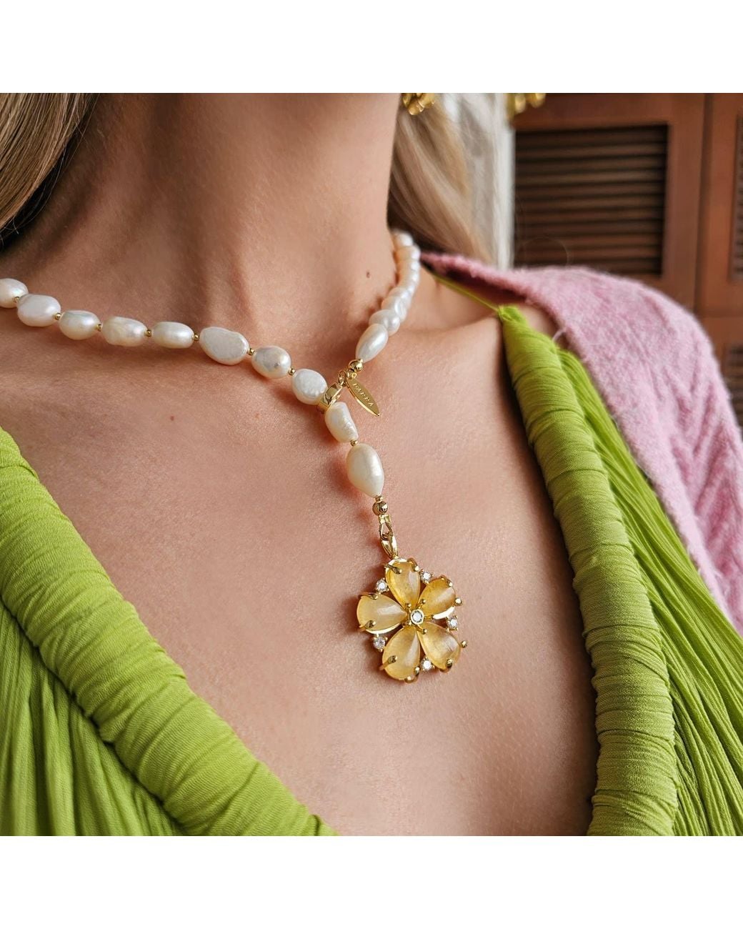Farra Metallic Irregular Freshwater Pearls With Citrine Flower Pendant Lariat Necklace