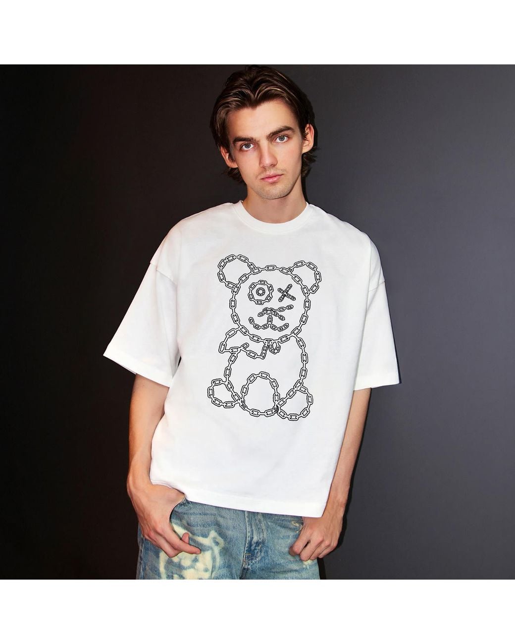 X Ilona Blue Red Universal Fit Graffiti Baby Bear Organic Cotton Chain Link Embroidery Tee for men