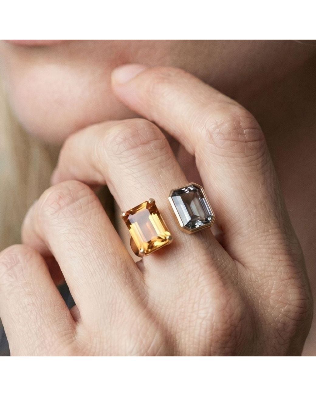 Uchi and Soto Metallic Shikaku Square Stones Open Ring