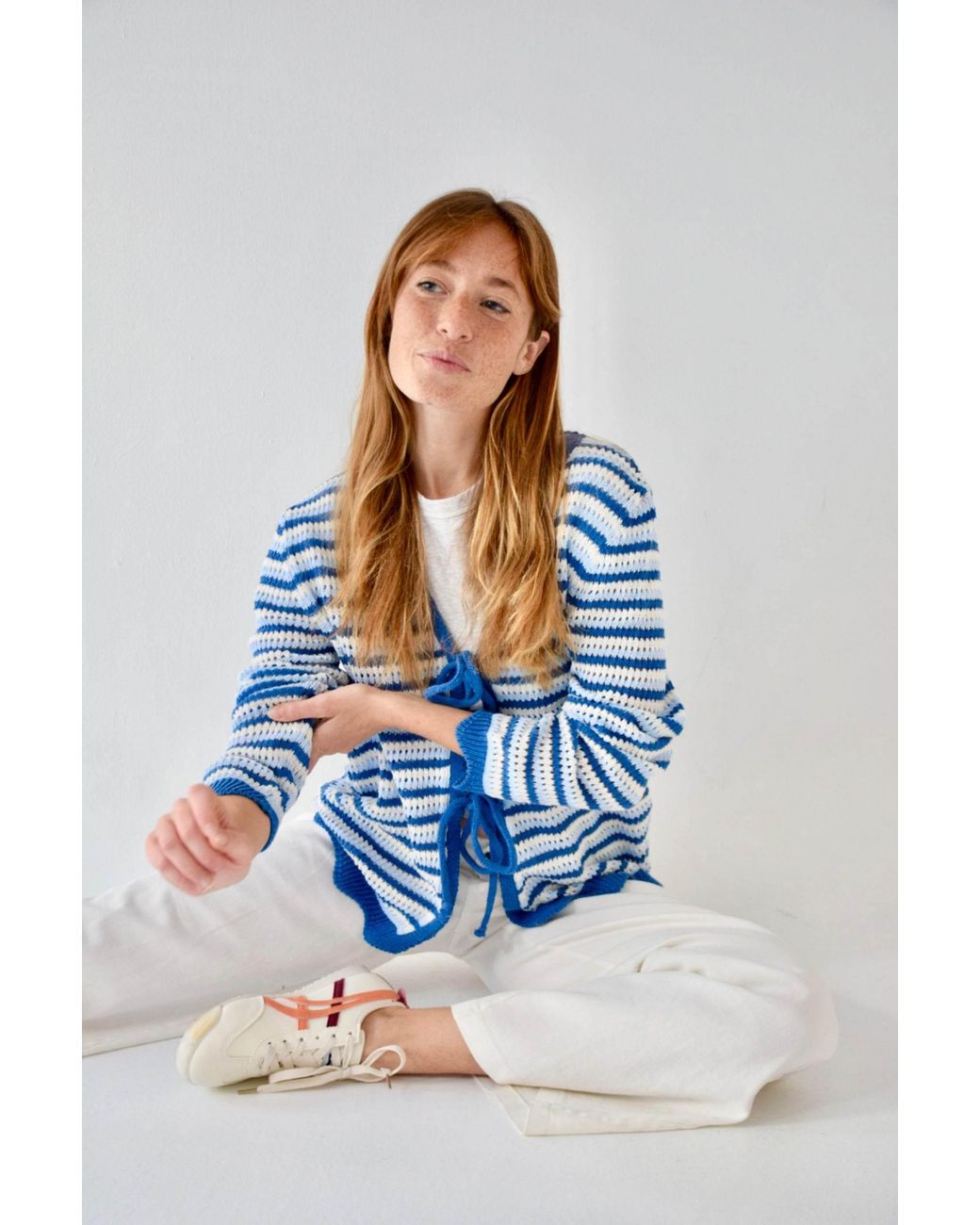 Mind Traveler Blue Striped Open-Knit Tie-Front Cardigan