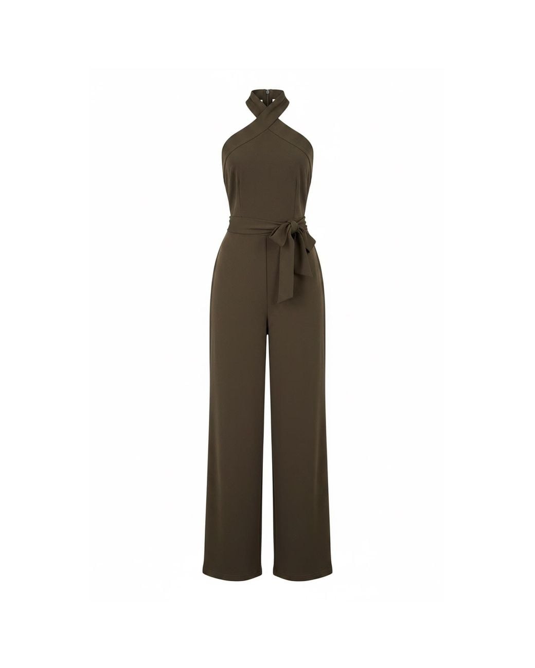 Yumi' Brown Cross Over Halter Neck Jumpsuit