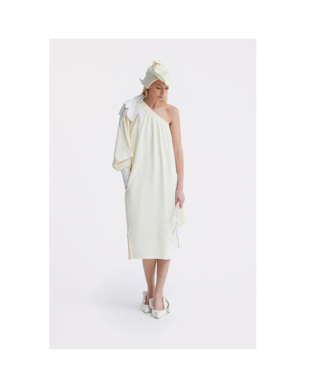 Julia Allert Natural Neutrals Cocktail One-Shoulder Midi Dress Ecru