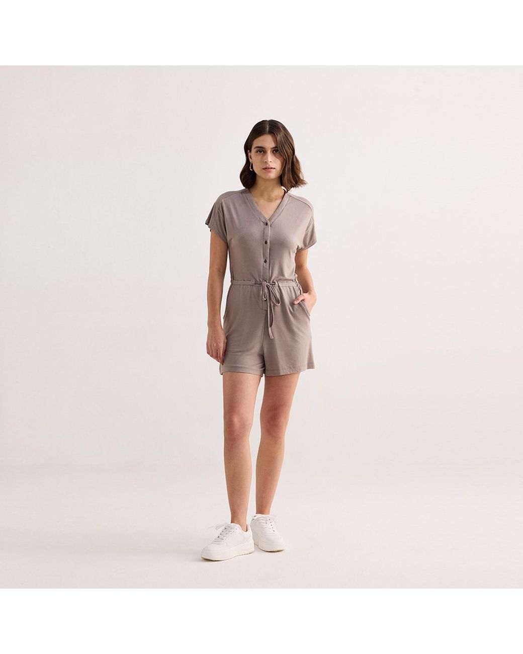 REISTOR Brown V Neck Drawstring Knit Romper