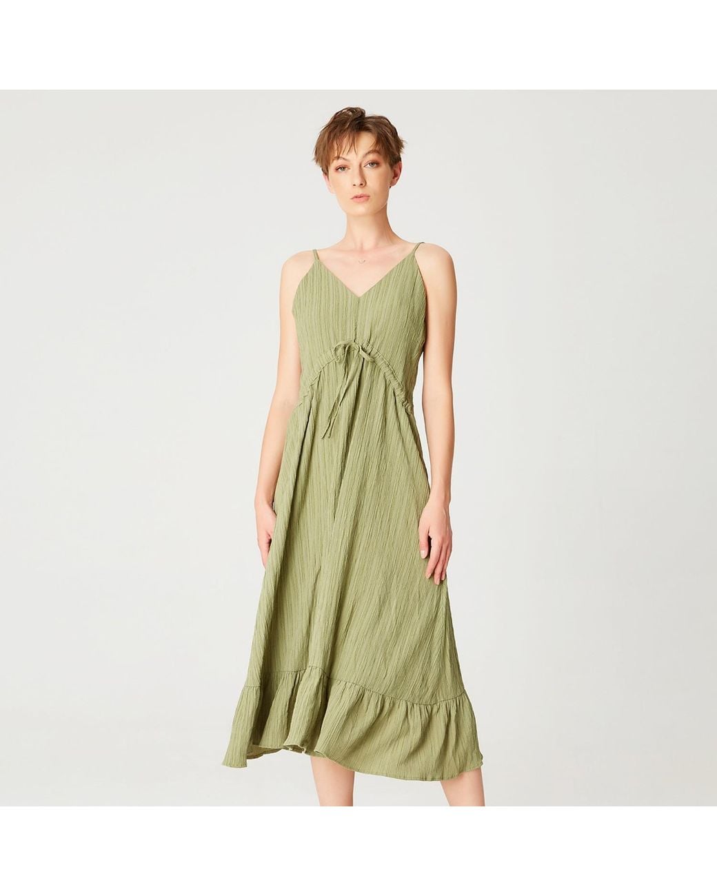 Smart and Joy Green Trapeze Midi Dress With Drawstring And Thin Shoulder Straps