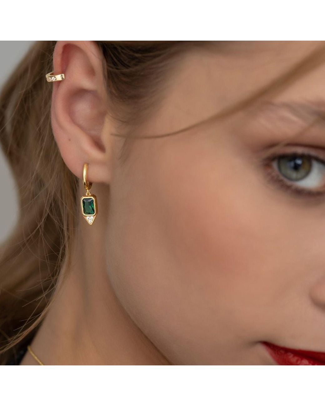 BY EDA DOGAN Green Emerald Stone Huggie Earring