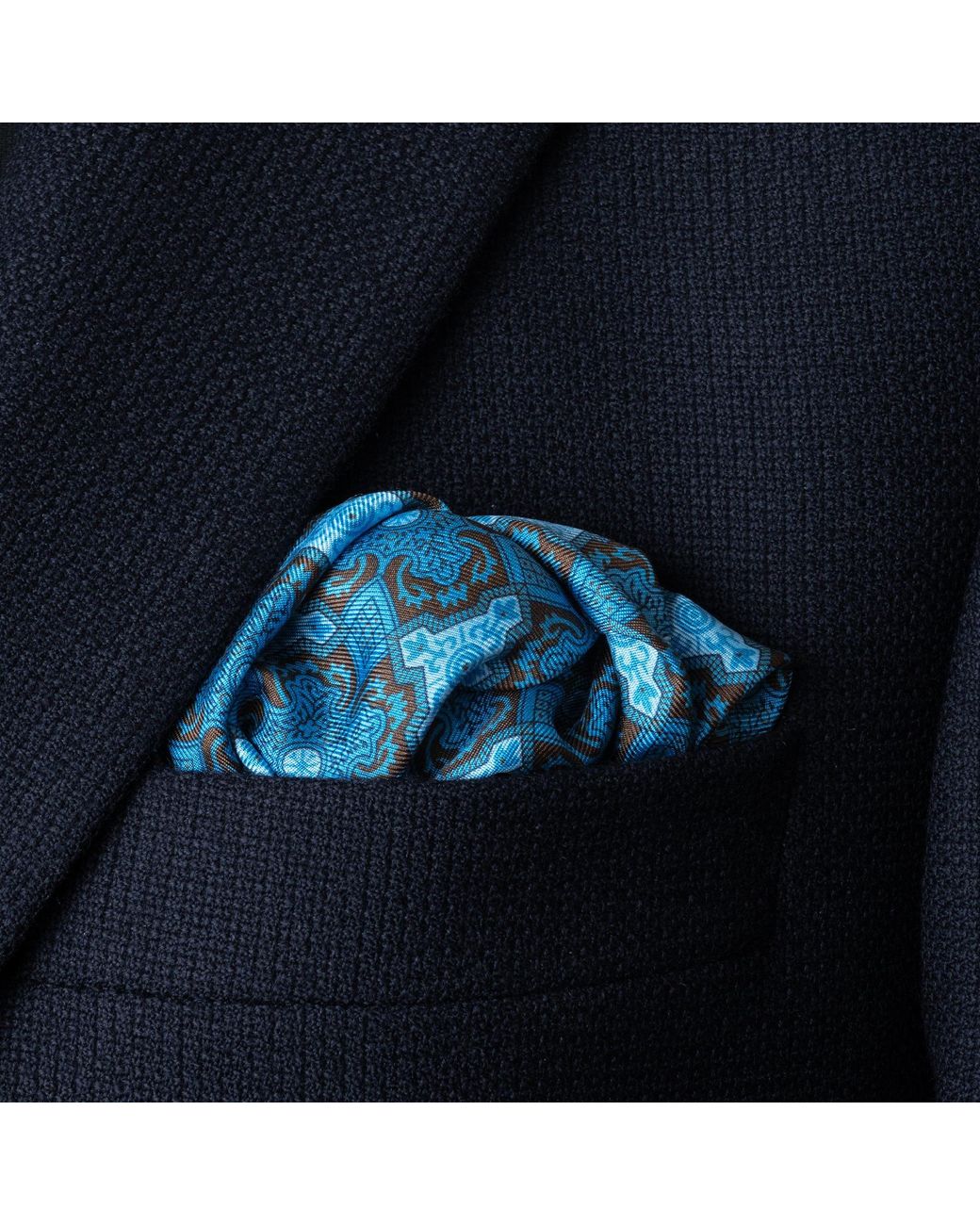 Otway & Orford Blue 'Arabesque' Tile Design Silk Pocket Square for men