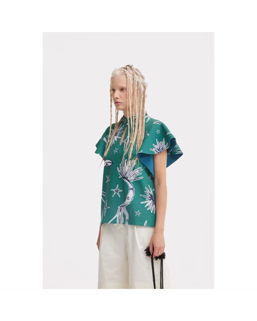 Julia Allert Green Stand Collar Ruffle Sleeve Blouse – Celestial Print