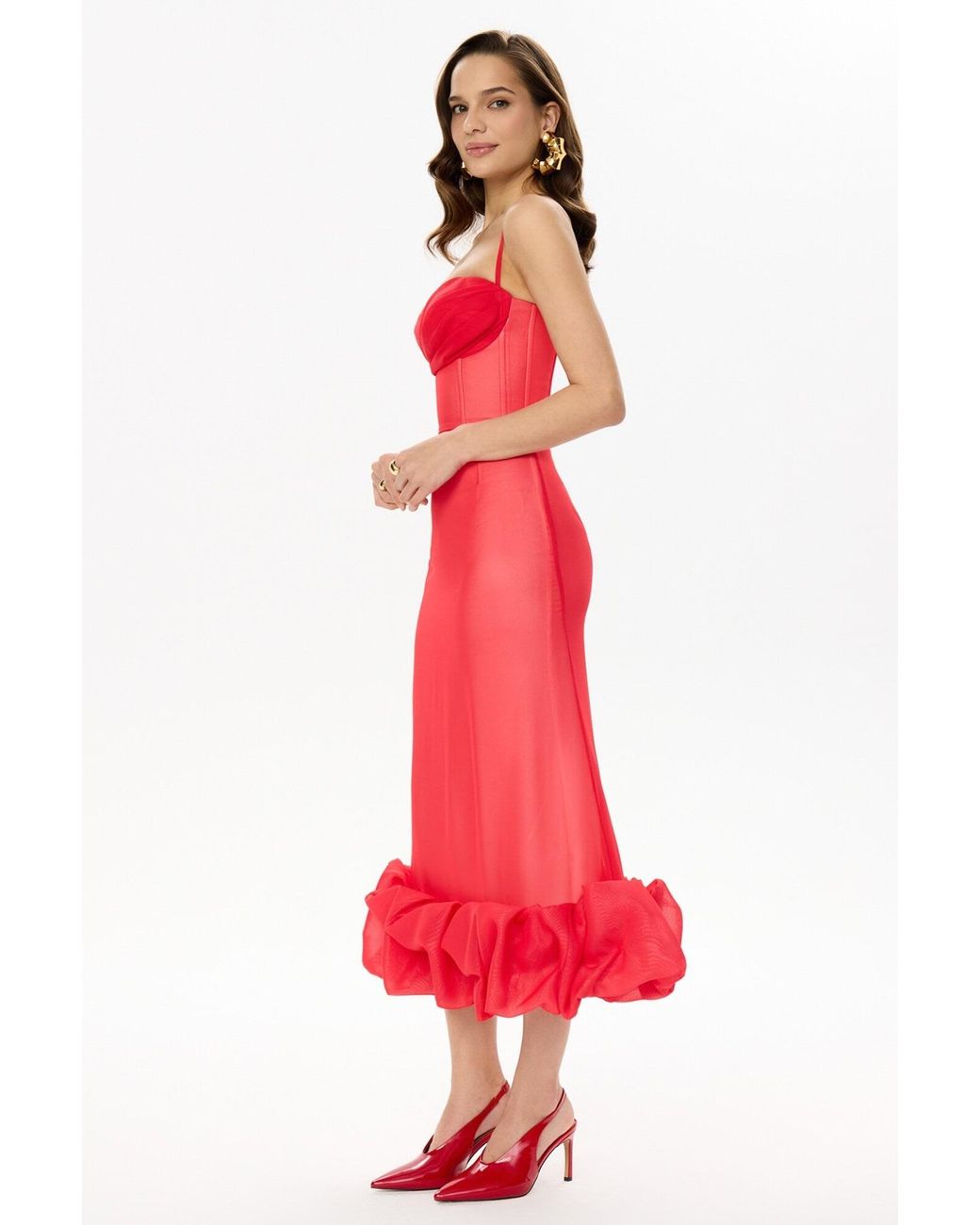 POST MERIDIEM Red Draped Bodice Bottom Flounced Bustier Dress