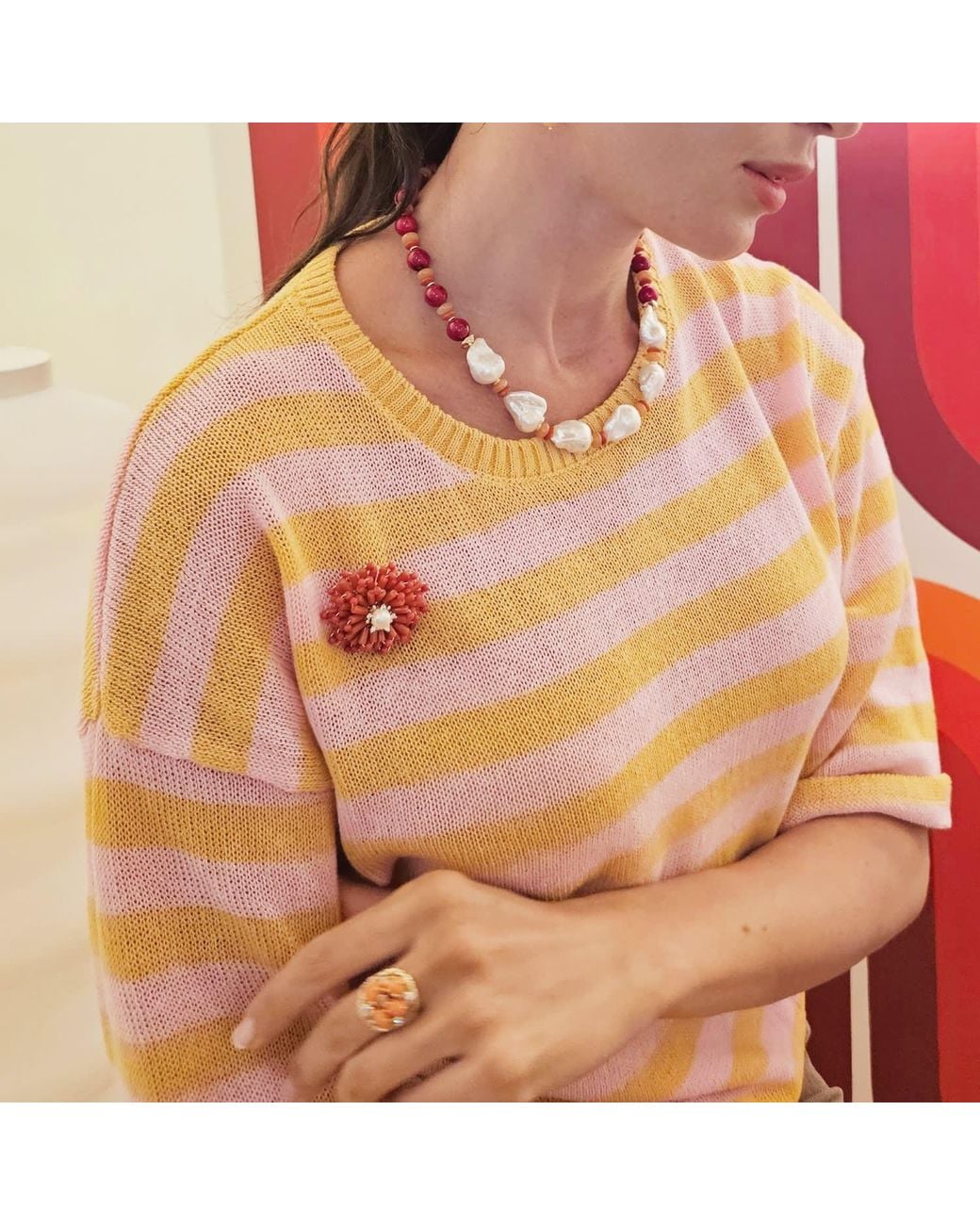 Farra Red Flower Handcrafted Bamboo Coral Brooch