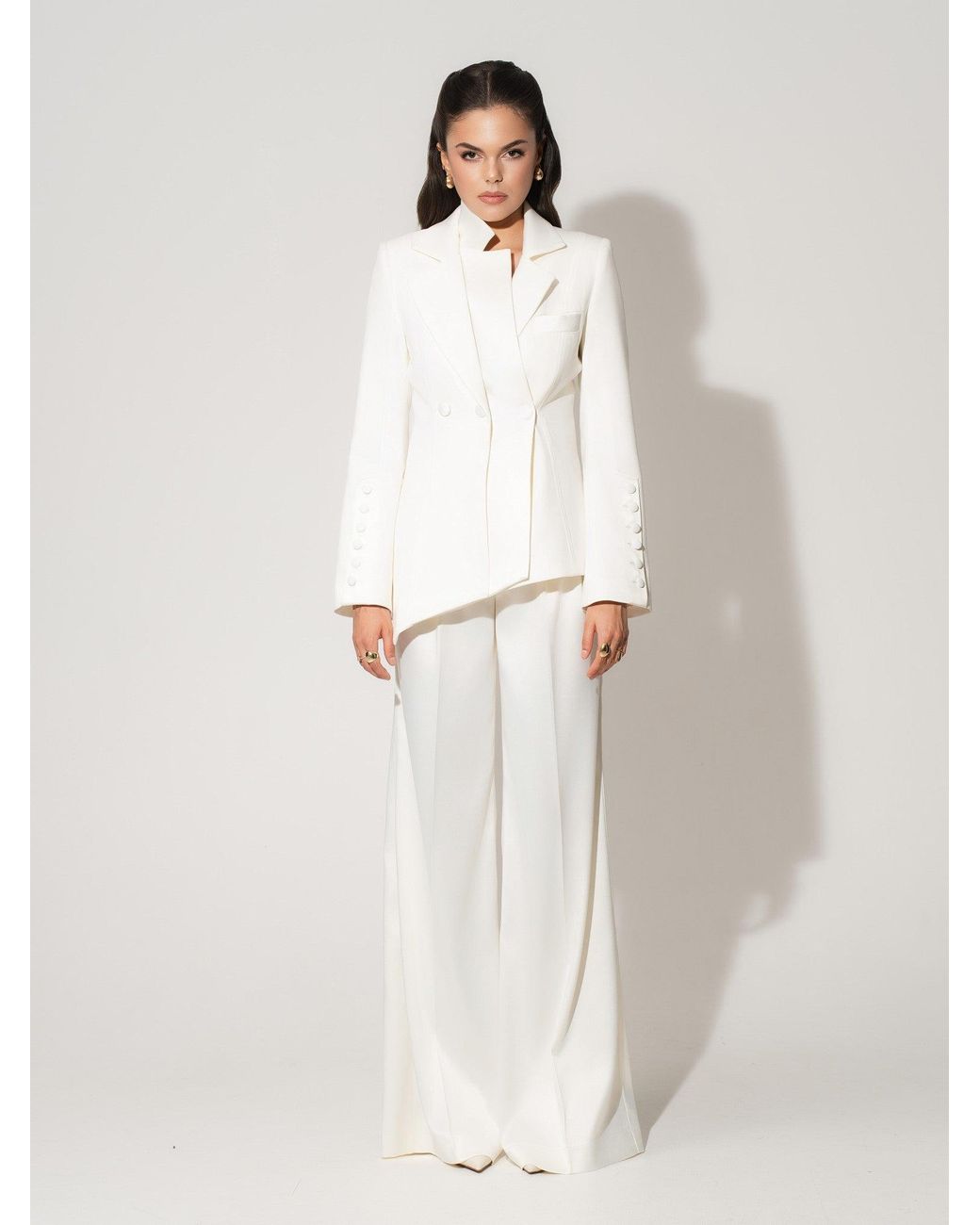Tia Dorraine White Modern Power Tailored Asymmetric Suit – Pearl