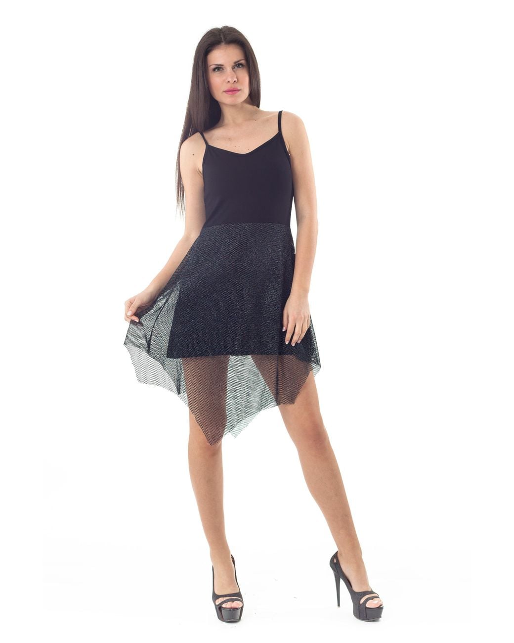 Conquista Black Sheer Layer Detail Mini Dress