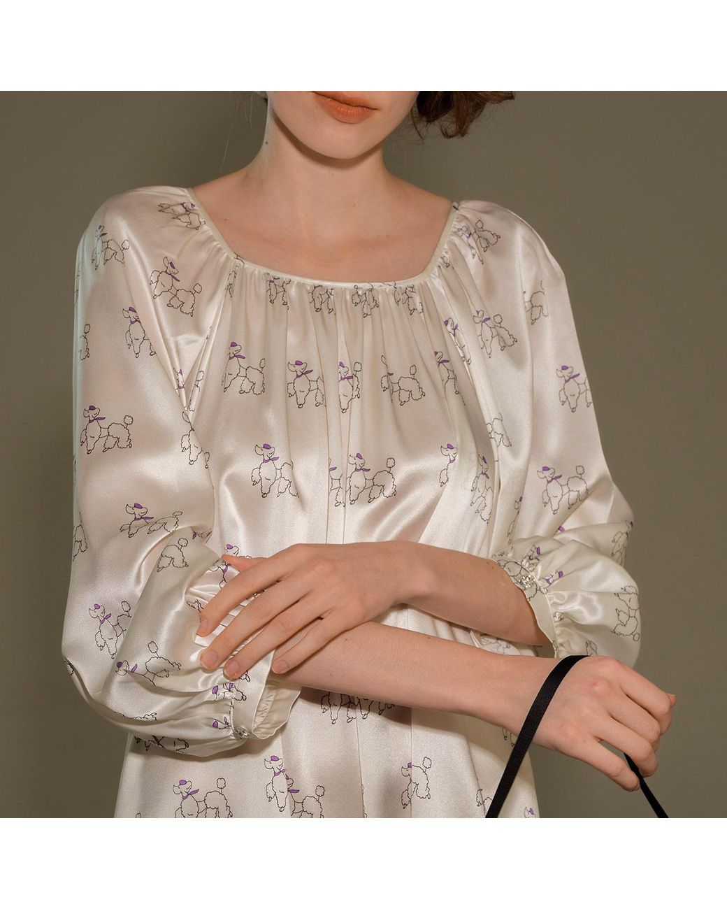NOT JUST PAJAMA White Diamond Poodles Silk Puff Sleeve Dress