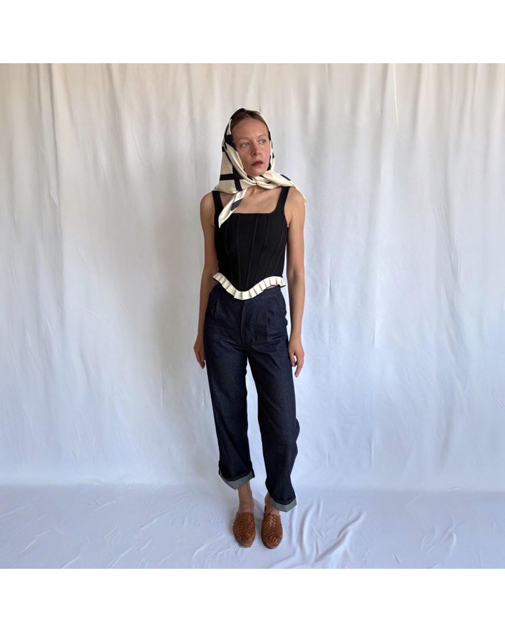 London Atelier Byproduct Black Rib Knit Corset Top With Ruffle