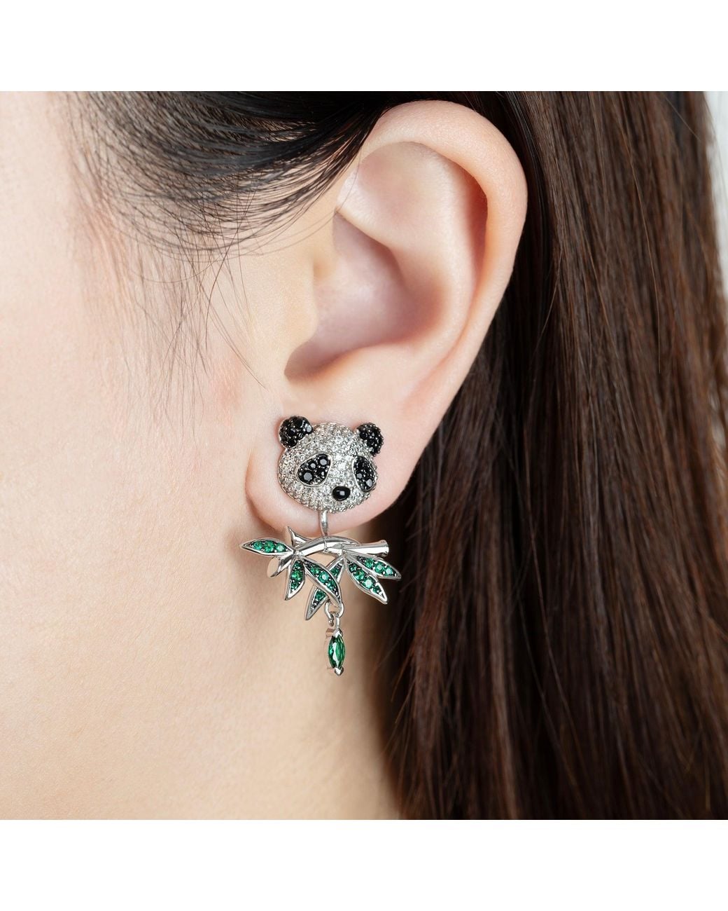 Arte Madrid Green Puffy Panda Convertible Stud Earrings With Drop Charms