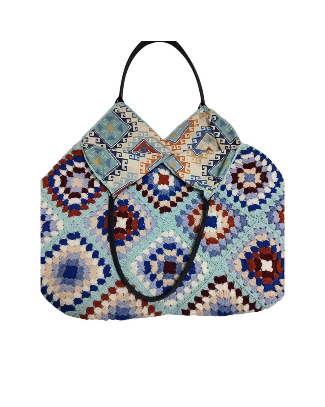 Springmoonatelier Blue Handmade Granny Square Tote – Boho Crochet Bag