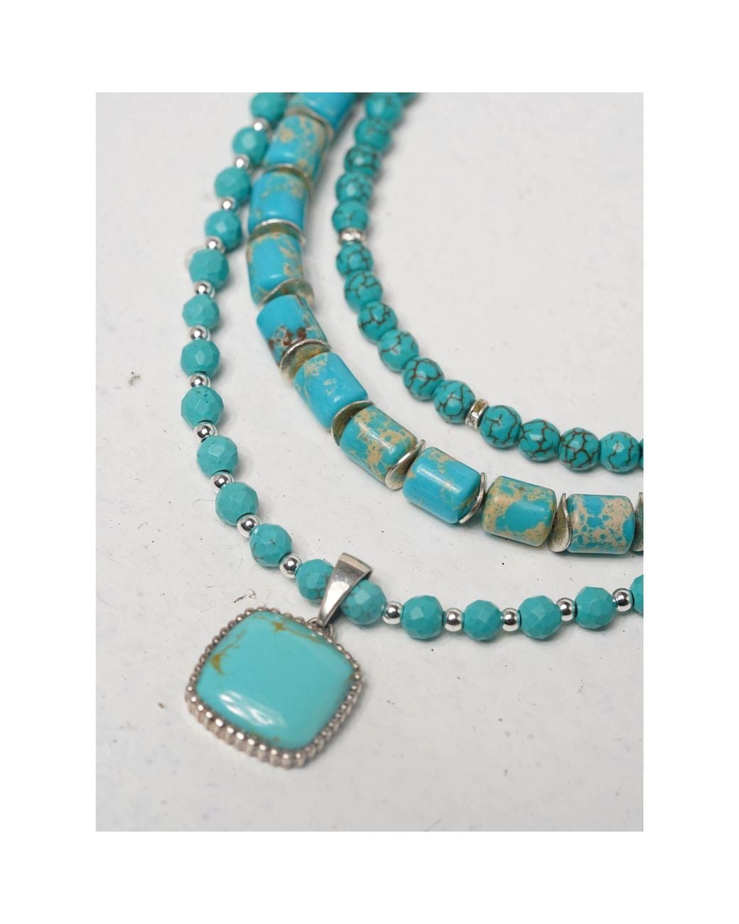 Urbane Jewelry Studio Blue Three-Strand Beaded Statement Necklace W/ Square Pendant