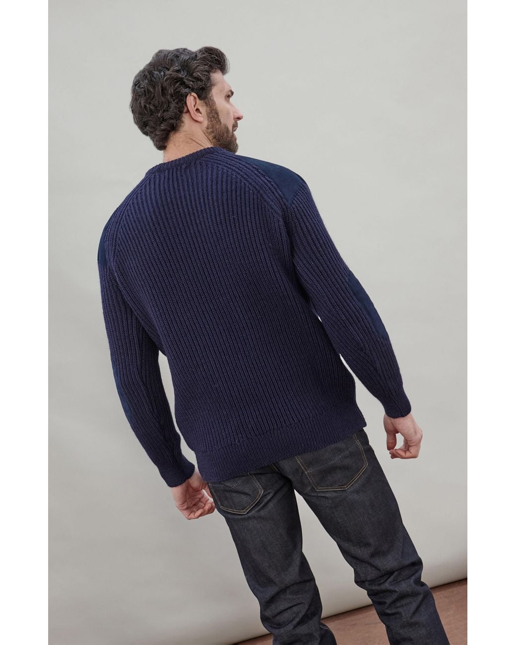 Paul James Knitwear Blue Chunky British Wool Hardy Ribbed Shooting Jumper for men
