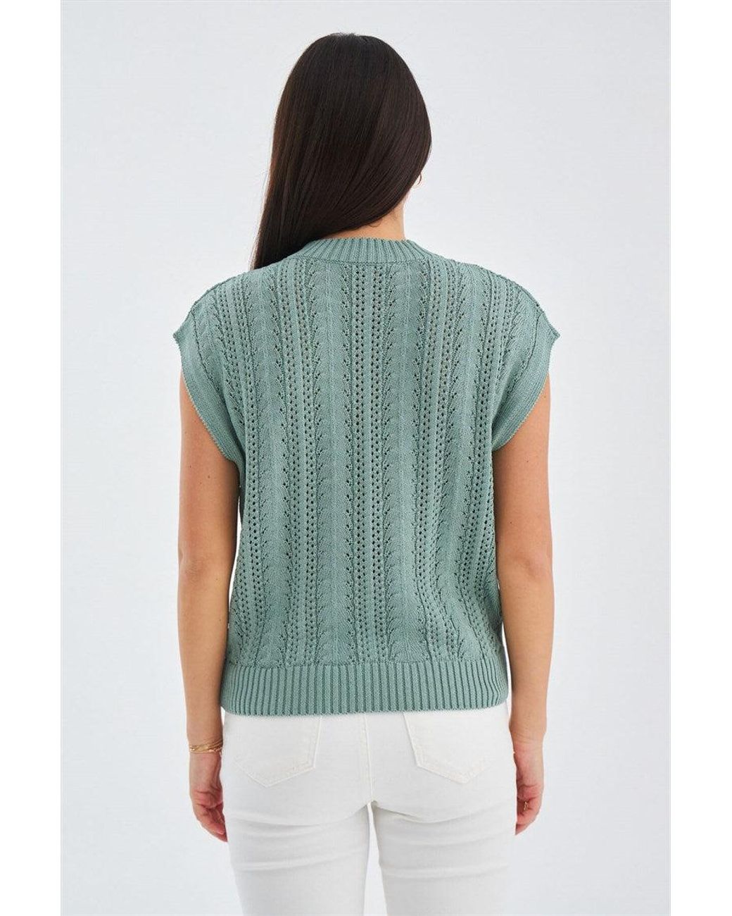 Peraluna Green Sima O-Neck Openwork Knit Blouse