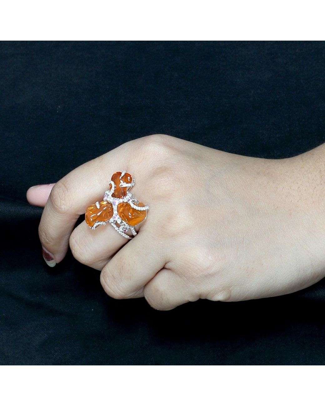 Artisan Orange Fire Opal, Sapphire & Diamond Statement Ring