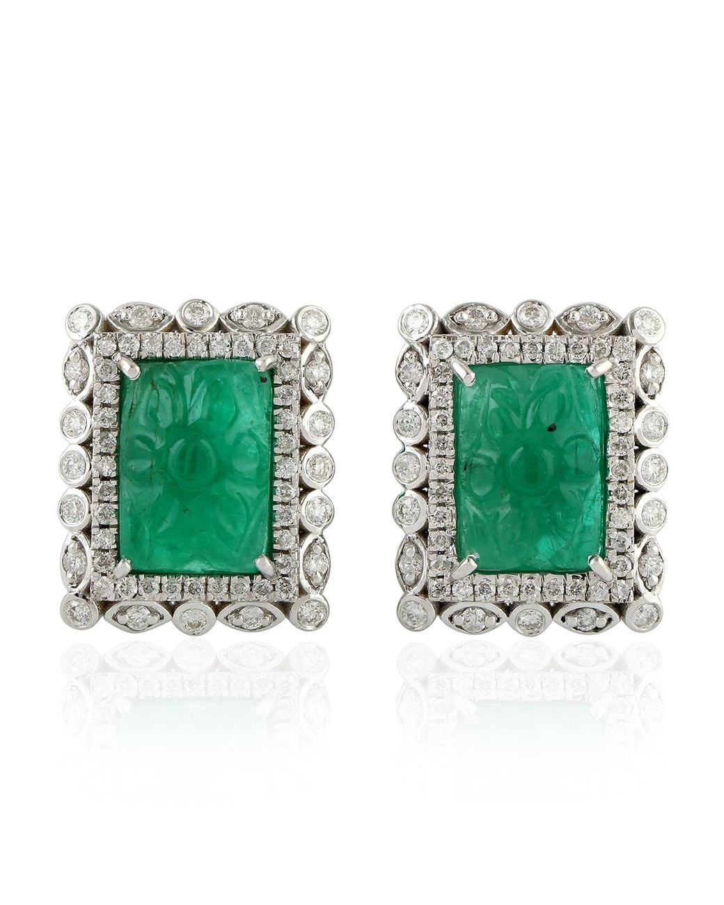 Artisan Green Flower Carving Emerald Stud Earrings 18k White Gold Diamond Handmade