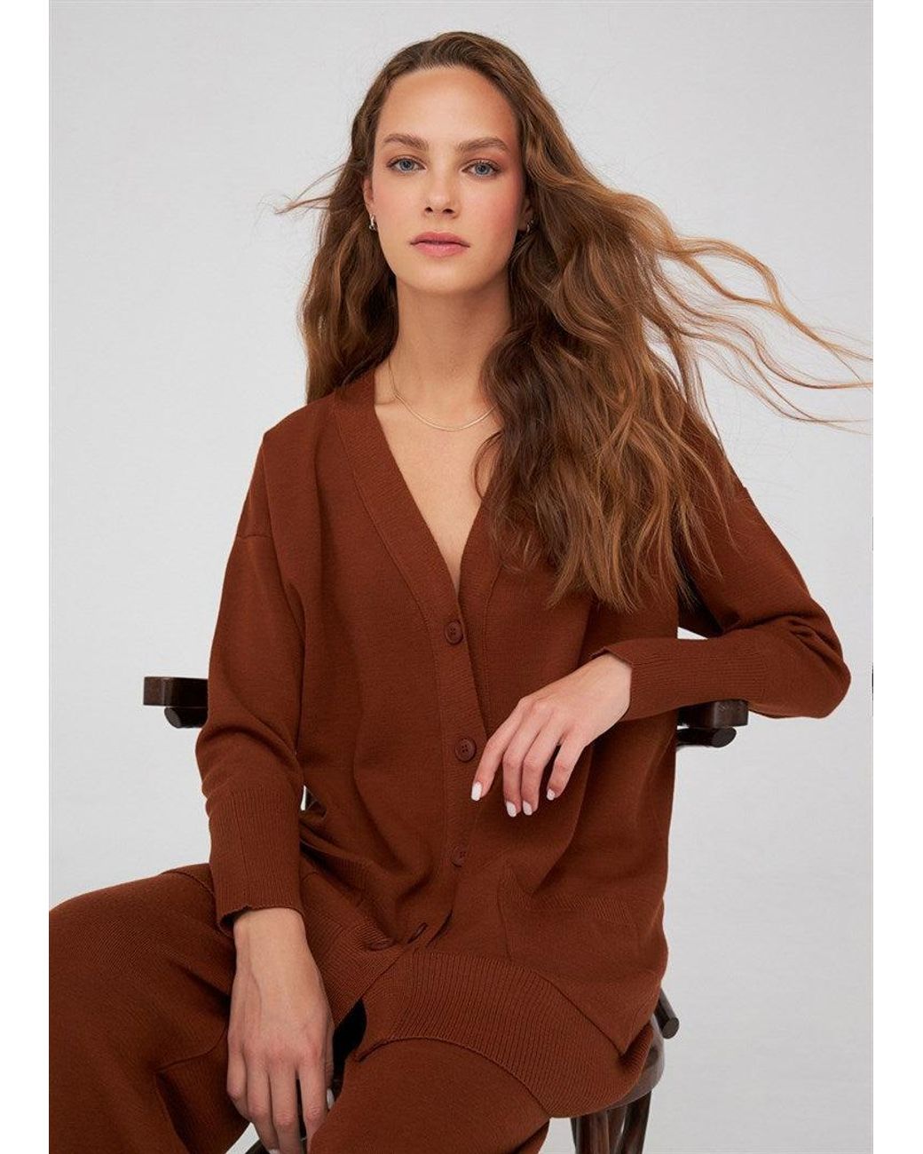 Peraluna Brown Nicola V-Neck Long Knit Cardigan