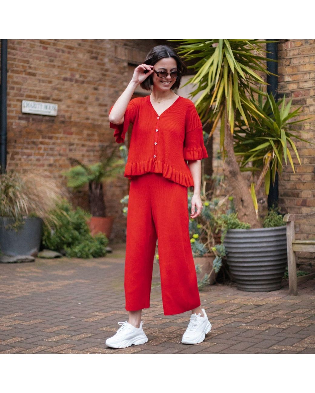Cara & The Sky Red Marlow Ruffle Co-Ord Short Sleeve Cardigan