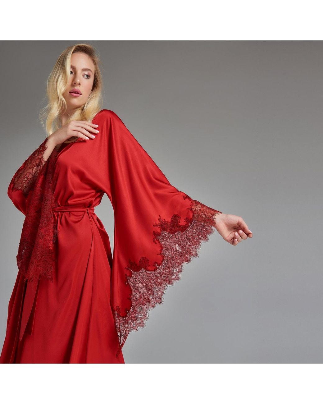 Avenue 8 Red Lace Maxi Silk Robe