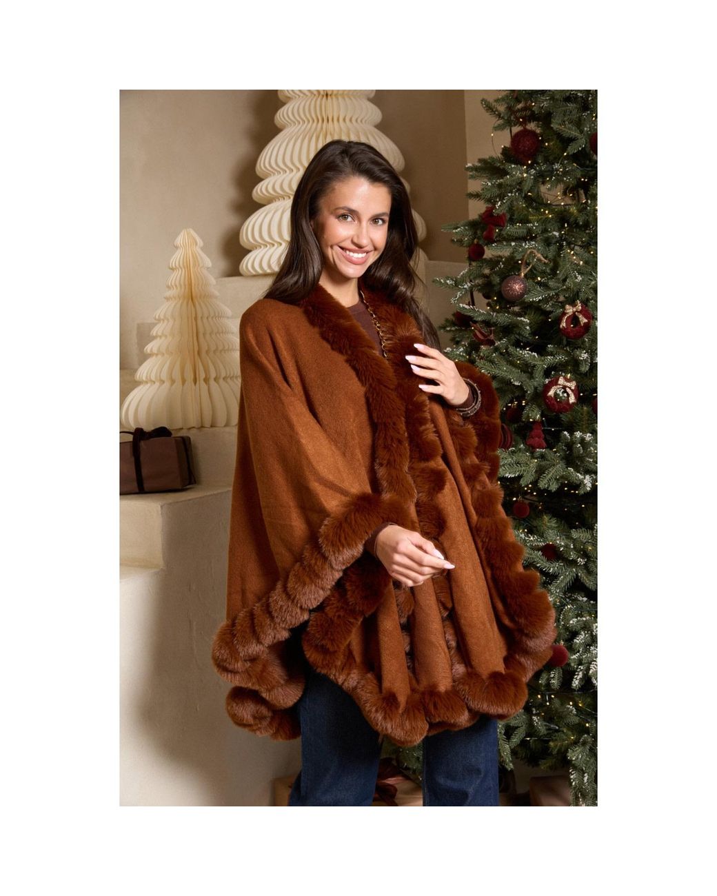 Saachi Brown Faux Fur Cape Rust Kimono