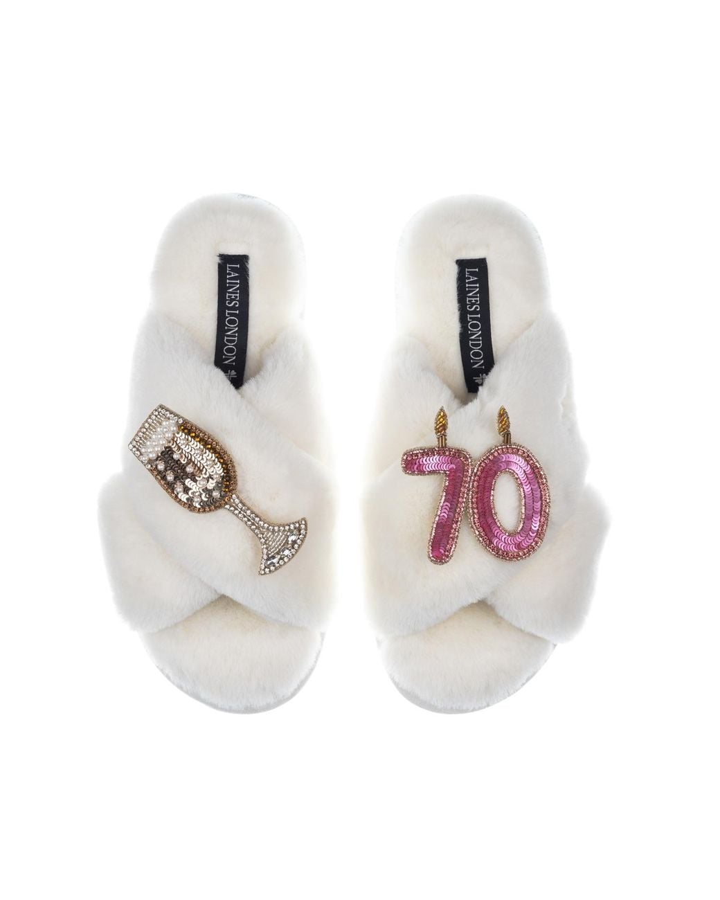 Laines London White Classic Laines Slippers With 70Th Birthday & Champagne Glass Brooches