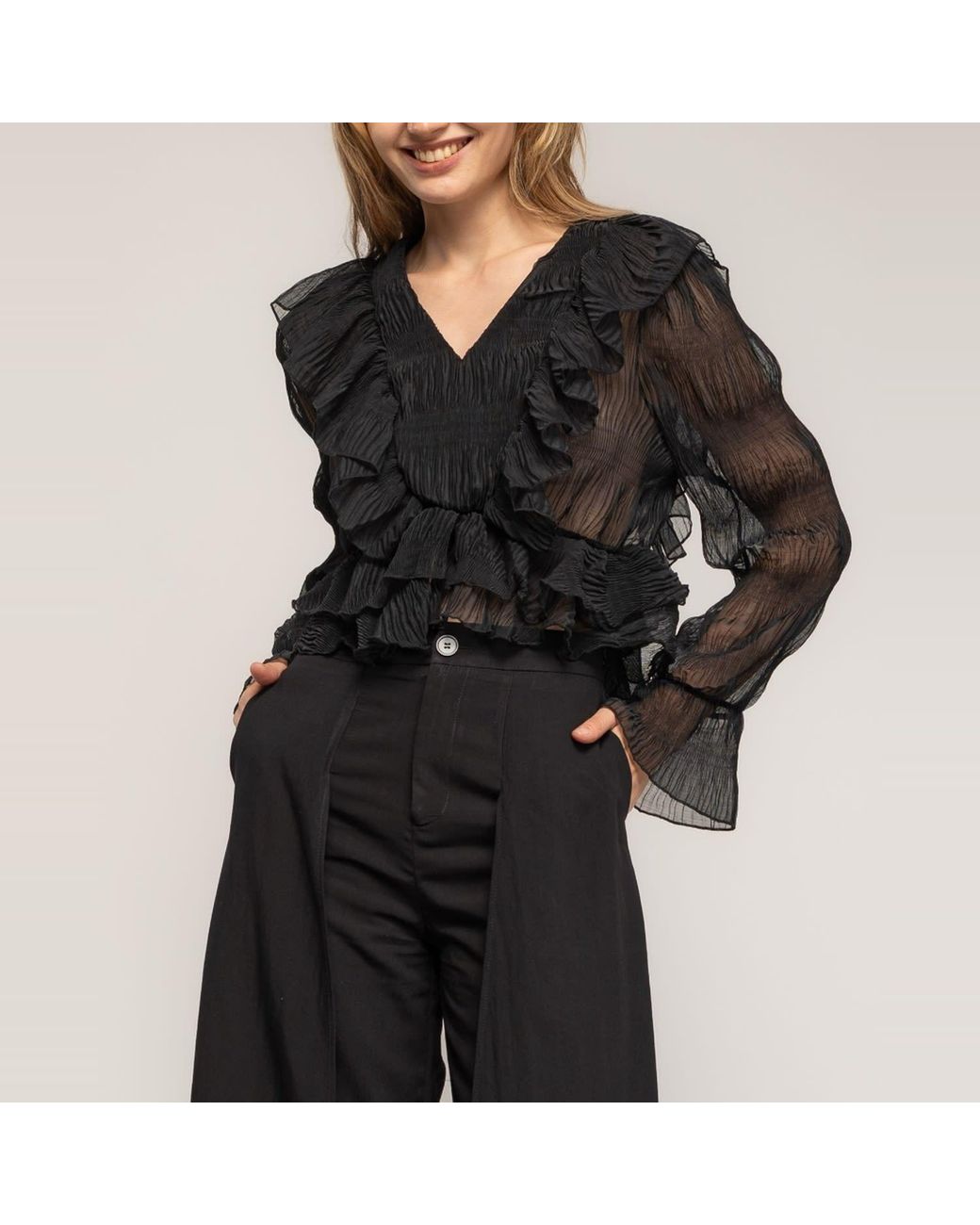 Tantra Spain Sl Black Pleated Ruffled Top With V-Neck