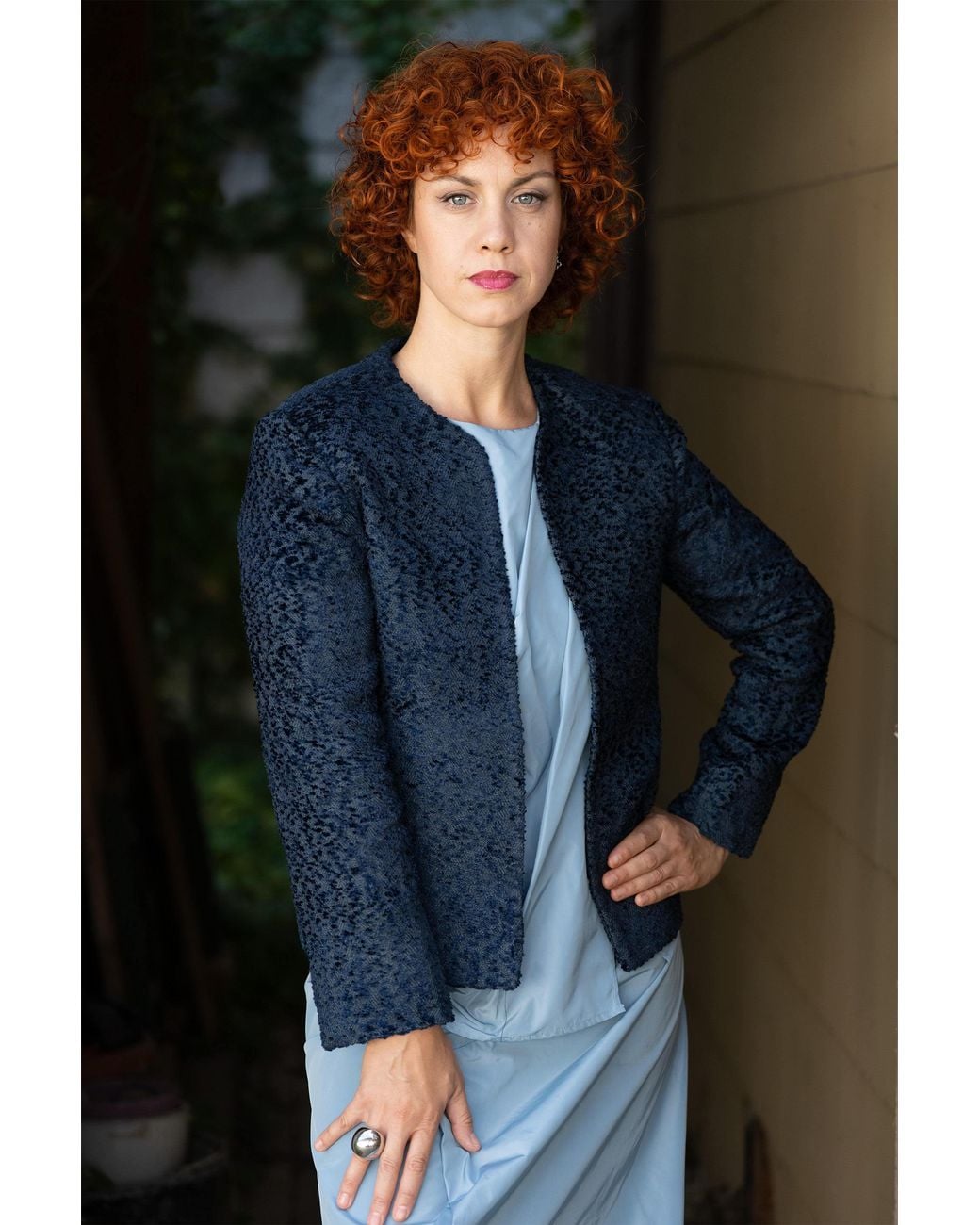 Stovaria Blue Handwoven Moss Texture Wool-Linen Statement Jacket