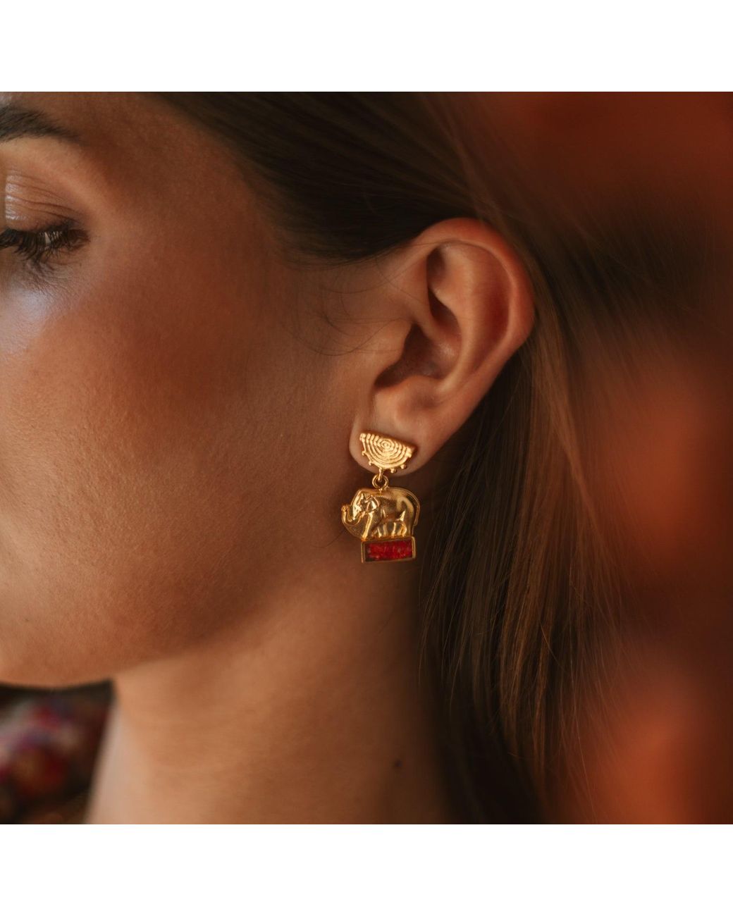 Ebru Jewelry Metallic Lucky Elephant Coral Mosaic Drop Earrings