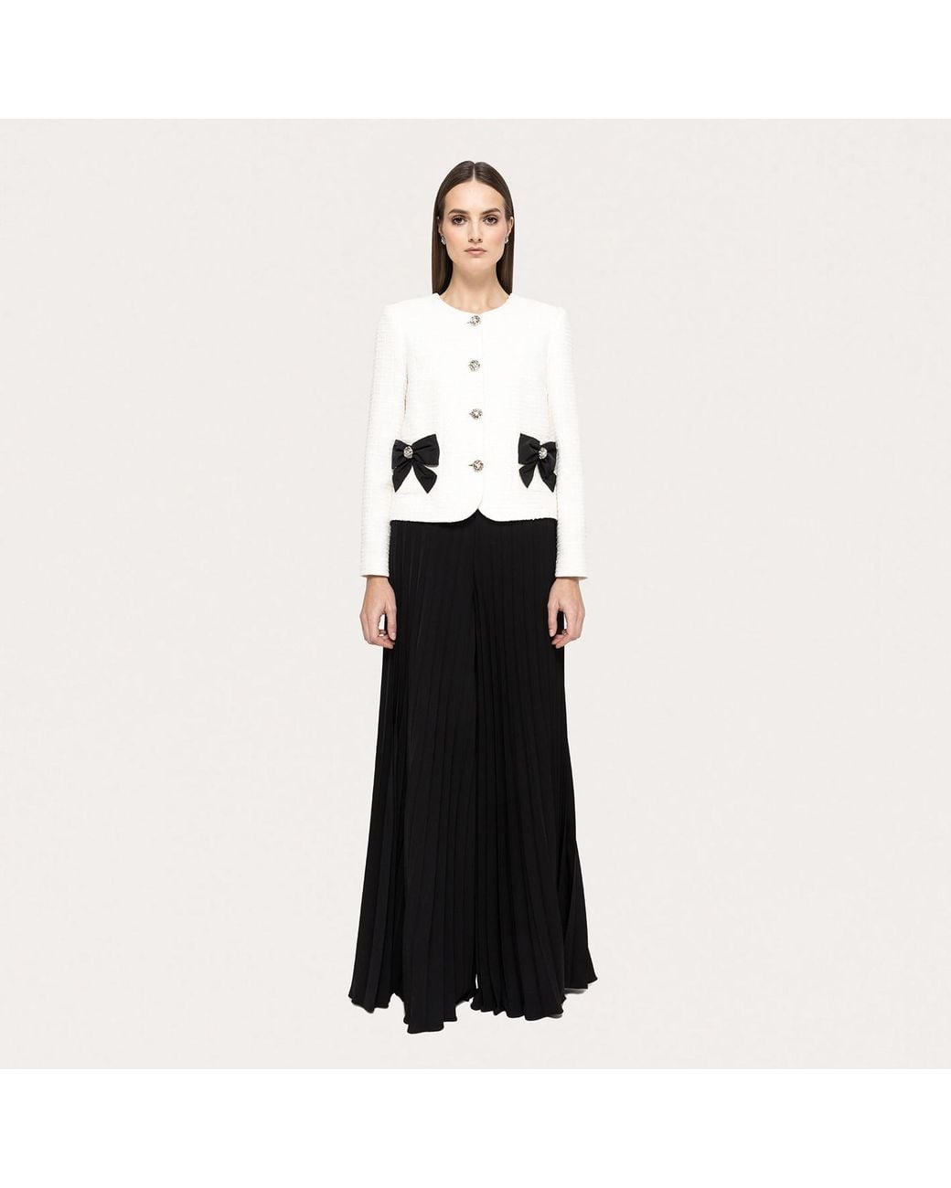 Nissa White Bow-Detail Boucle Suit Jacket