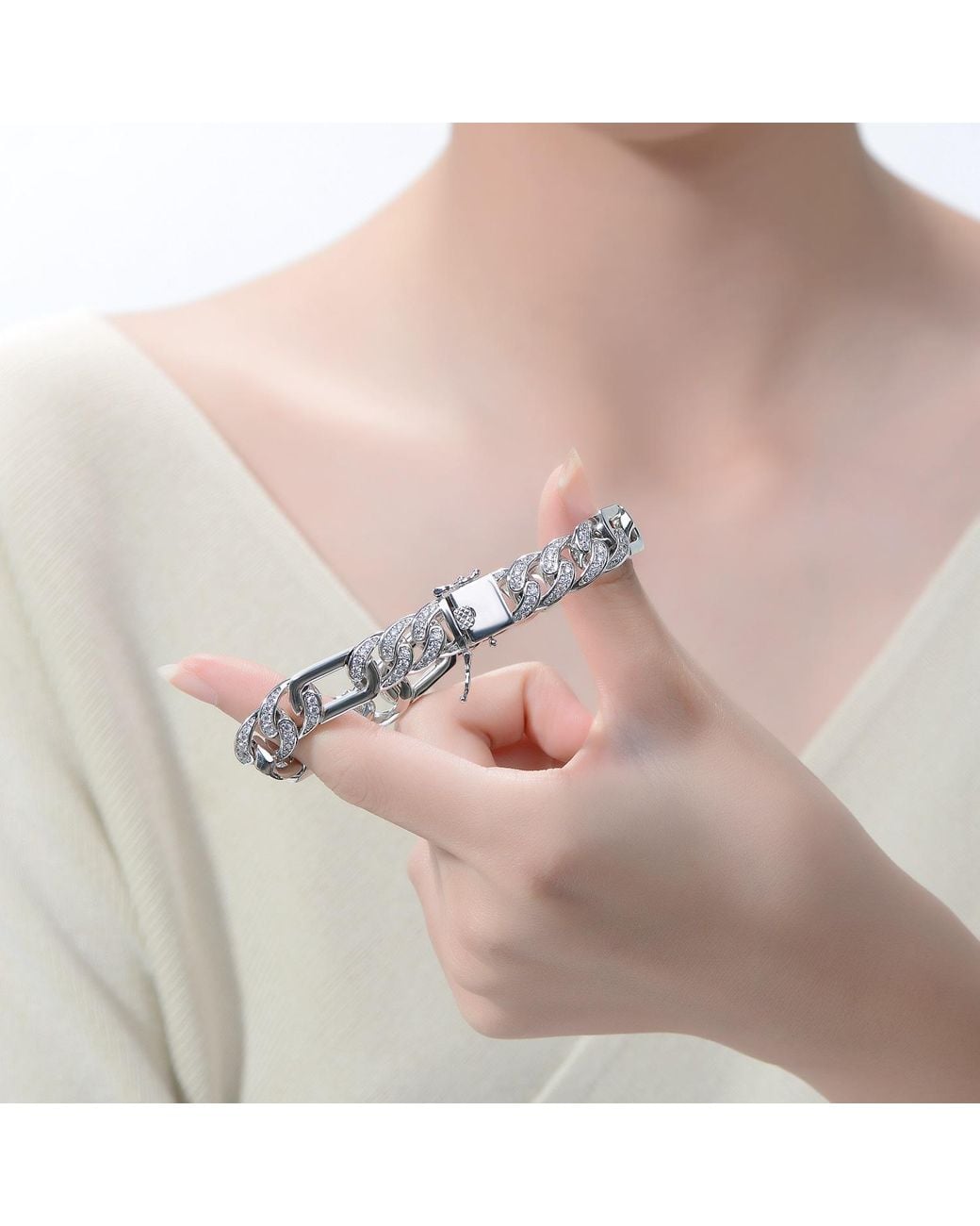 Genevive Jewelry Metallic Genevive Sterling Plated With Iced Out Cubic Zirconia Oblong Curb Chain Bracelet