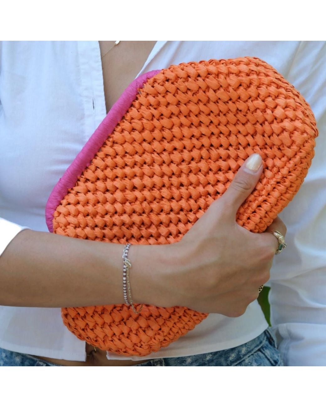 Springmoonatelier Orange Summer Love Handcrafted Raffia Yarn Bag