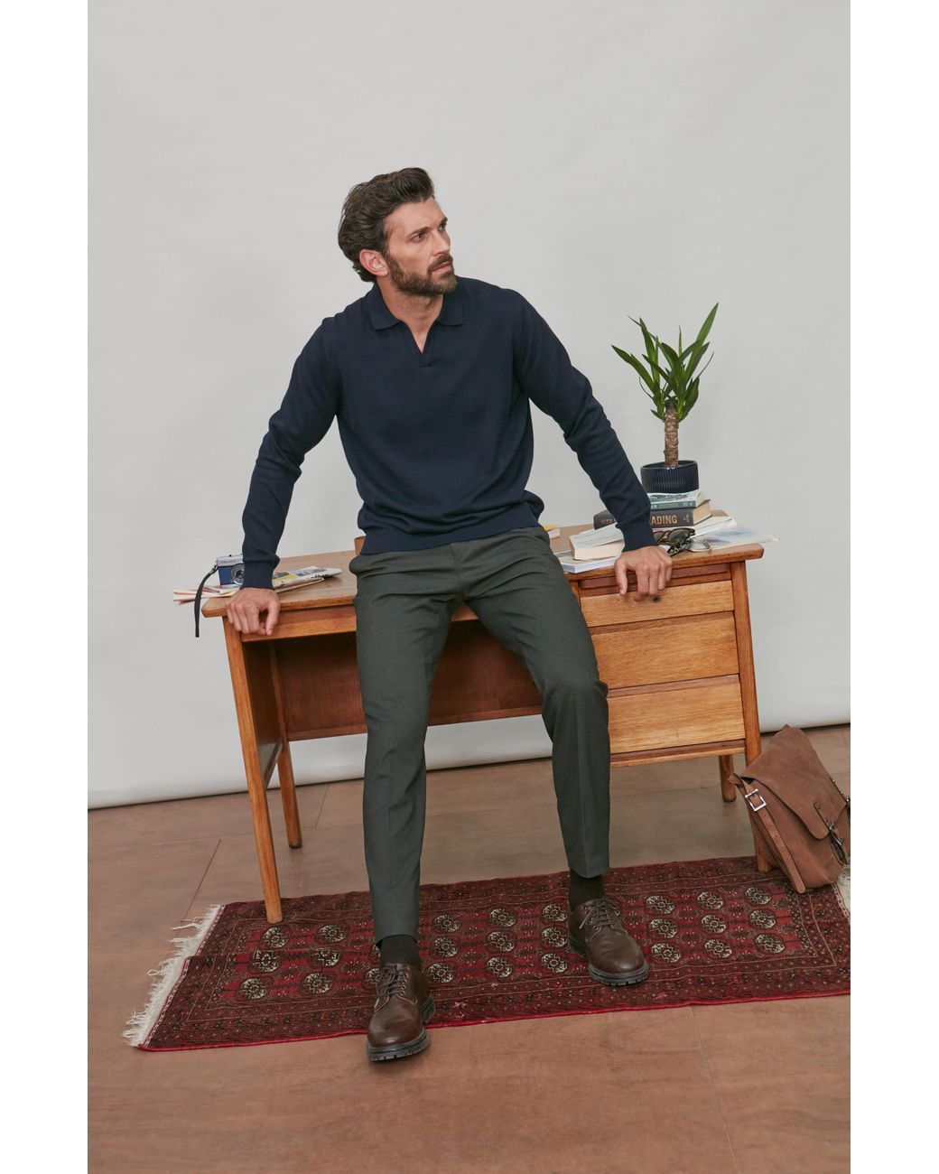 Paul James Knitwear Blue Lightweight Cotton Lyndon Buttonless Polo Shirt for men