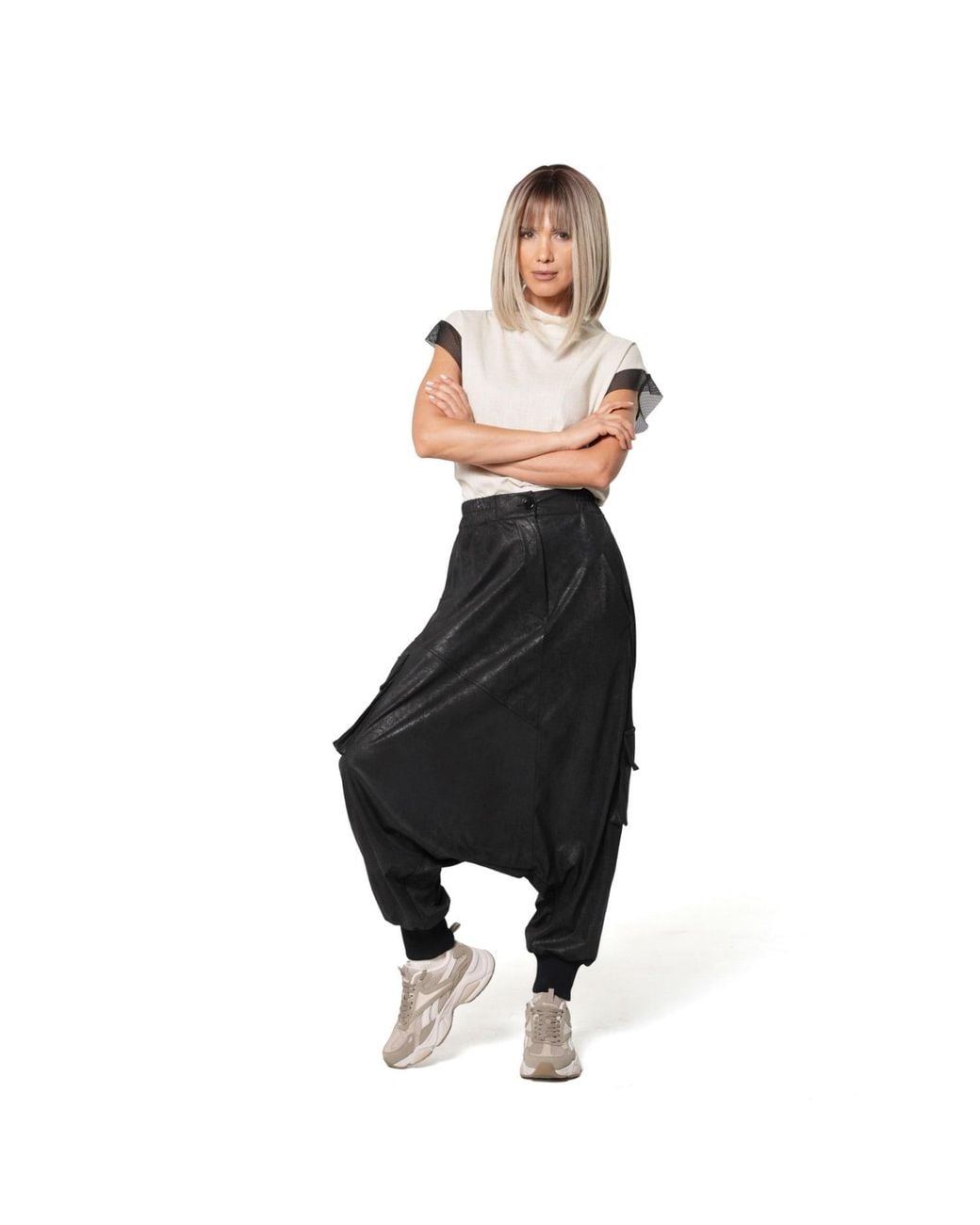 Metamorph Black Faux Suede Drop Crotch Trousers With Cargo Pockets