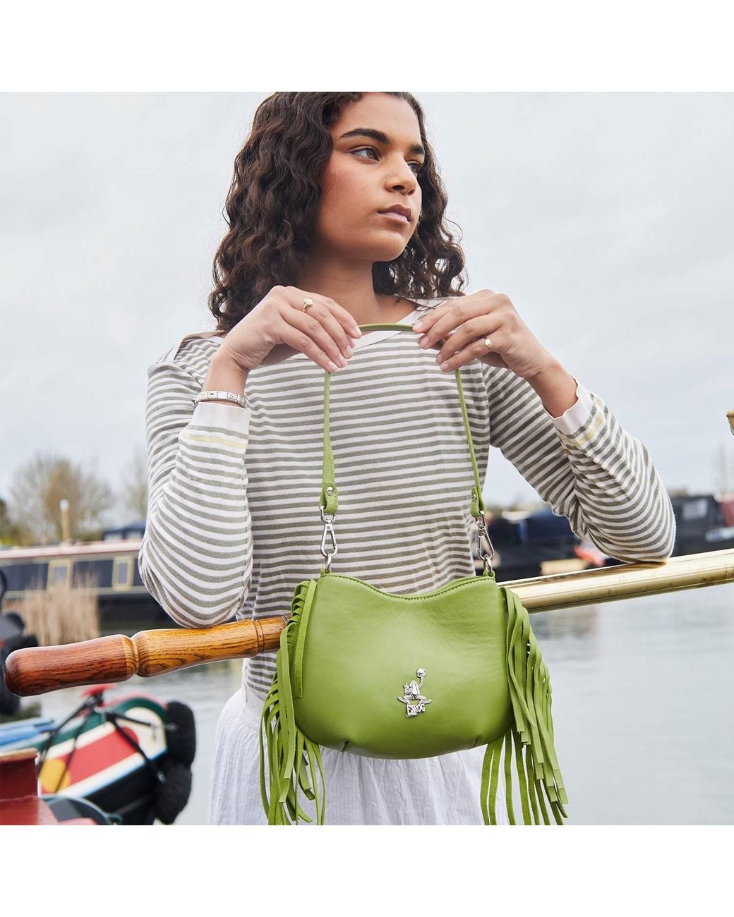F3Rog by Rana Green Pistachio Crossbody Mini Gordon Fringe Bag