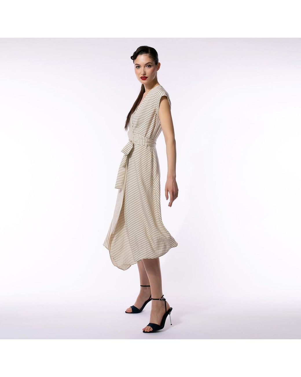 Larisa Dragna Natural Neutrals Striped Wrap Midi Dress – Retro Elegance