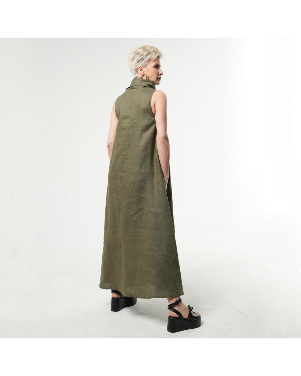 Metamorph Green Large Collar Linen Maxi Dress
