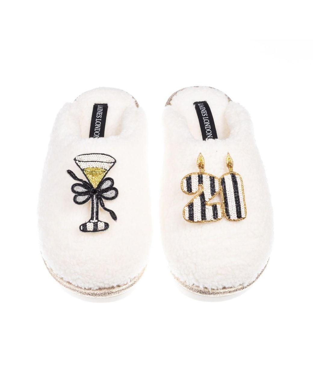 Laines London White Teddy Closed Toe Slippers With Stripe 21St Birthday & Champagne Glass Brooches
