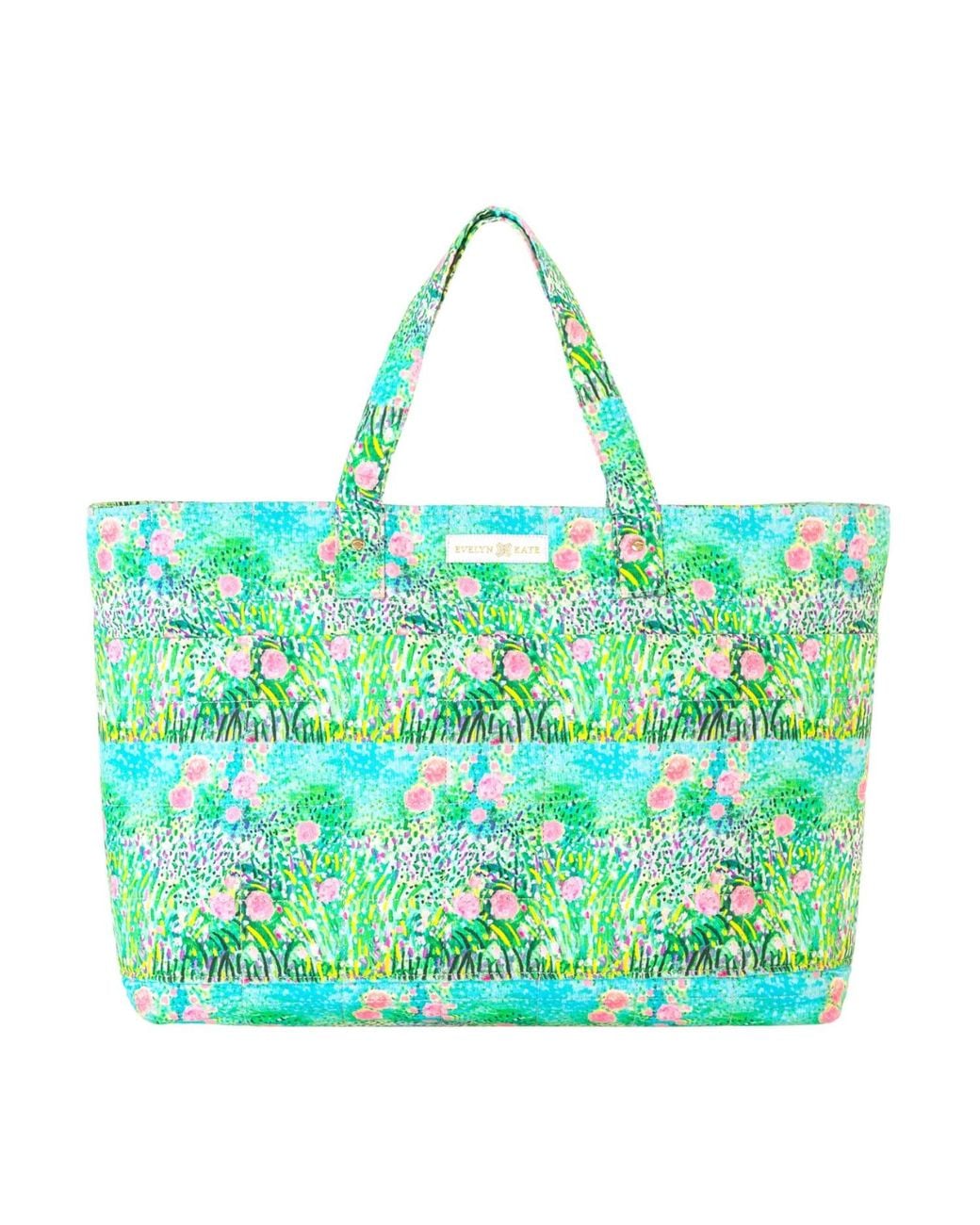 Evelyn & Kate Green Roses On Quilted Zipper Tote
