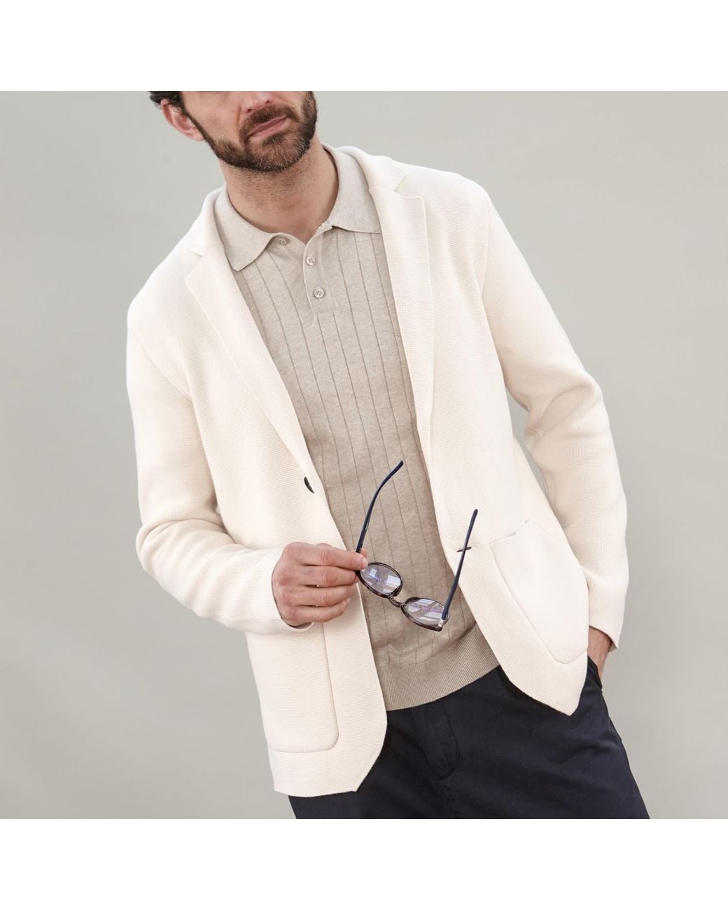 Paul James Knitwear White Neutrals Cotton Deconstructed Knitted Gabriel Blazer for men