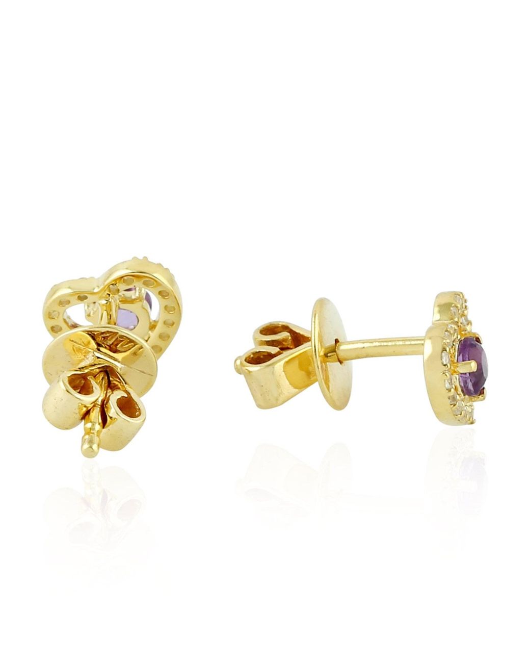Artisan Metallic Yellow Gold Heart Stud Earrings Amethyst Topaz Gemstone