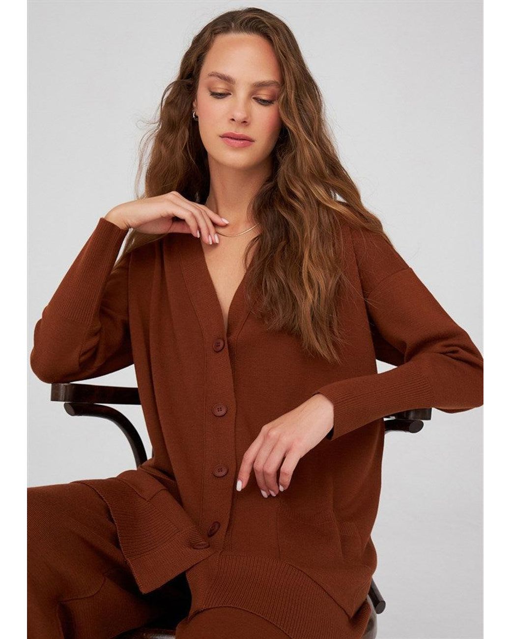 Peraluna Brown Nicola V-Neck Long Knit Cardigan