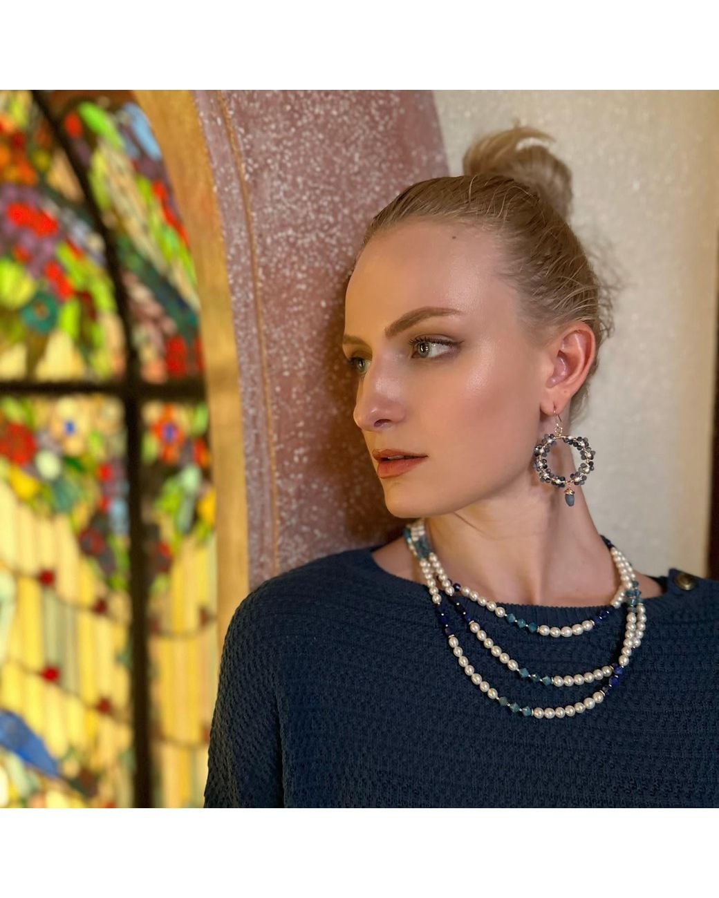 Farra Blue Gemstone And Freshwater Pearls Colour Blocking Multi-Strands Necklace