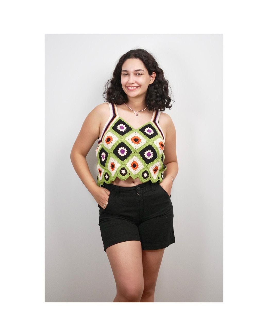 Ana Chic Green Diamond Flower Handmade Crochet Crop Top