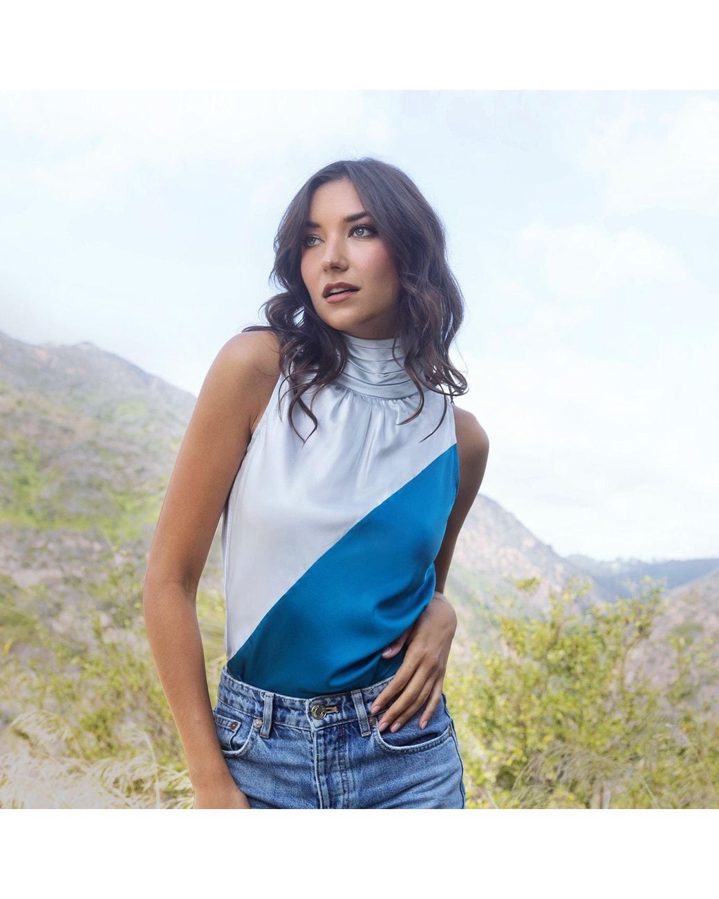 Solgo Atelier Blue Yera Sleeveless Color Block Silk Charmeuse Top