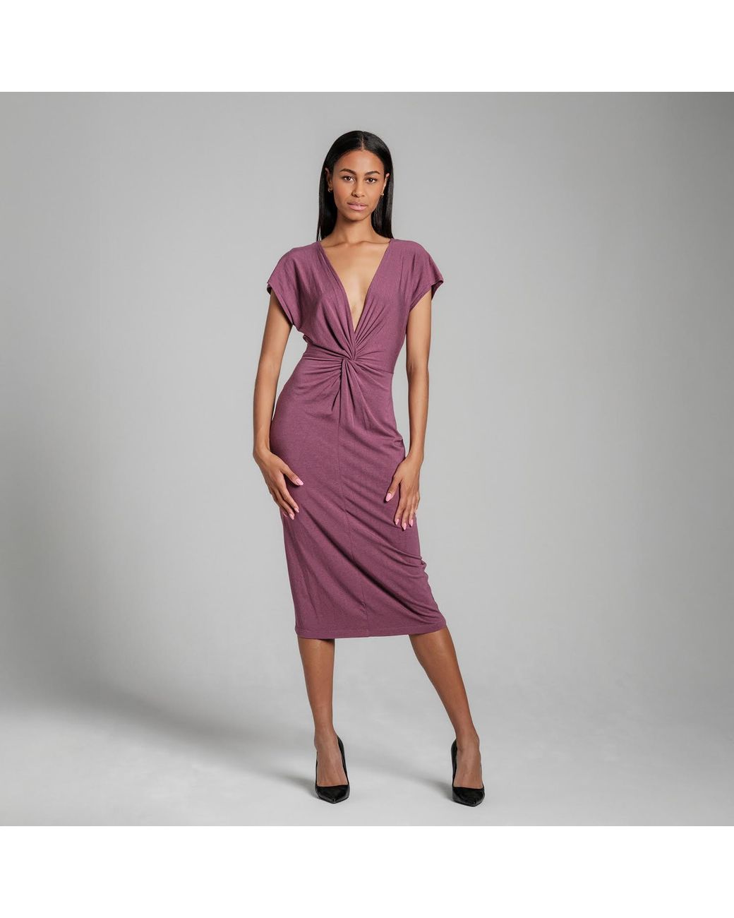 Imaatu Purple Masee Plunge Deep V-Neck Knot Bamboo Midi Dress Berry