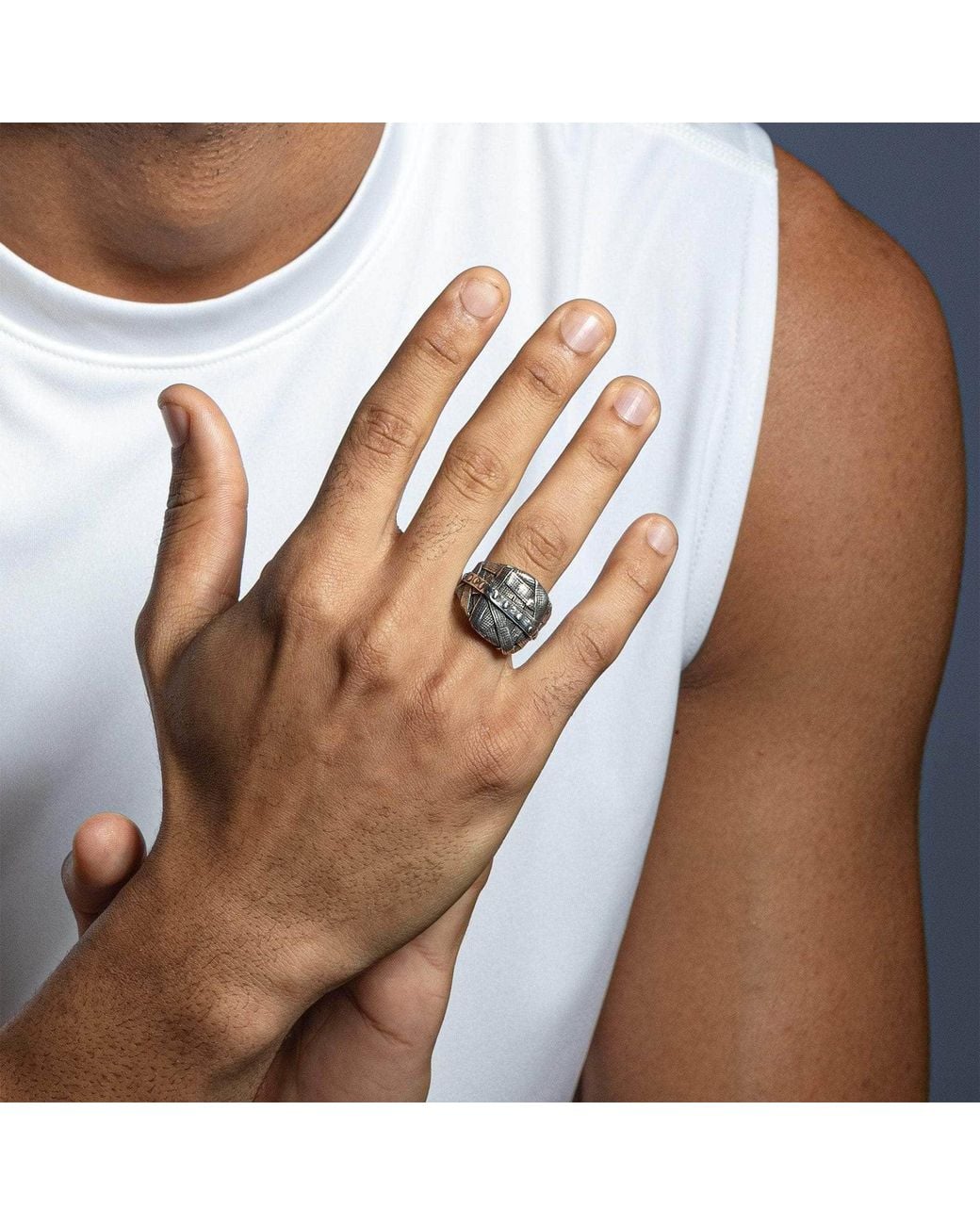 German Kabirski Metallic Gridlock Oxidized Ring With Layered Wrapped Metal Look for men